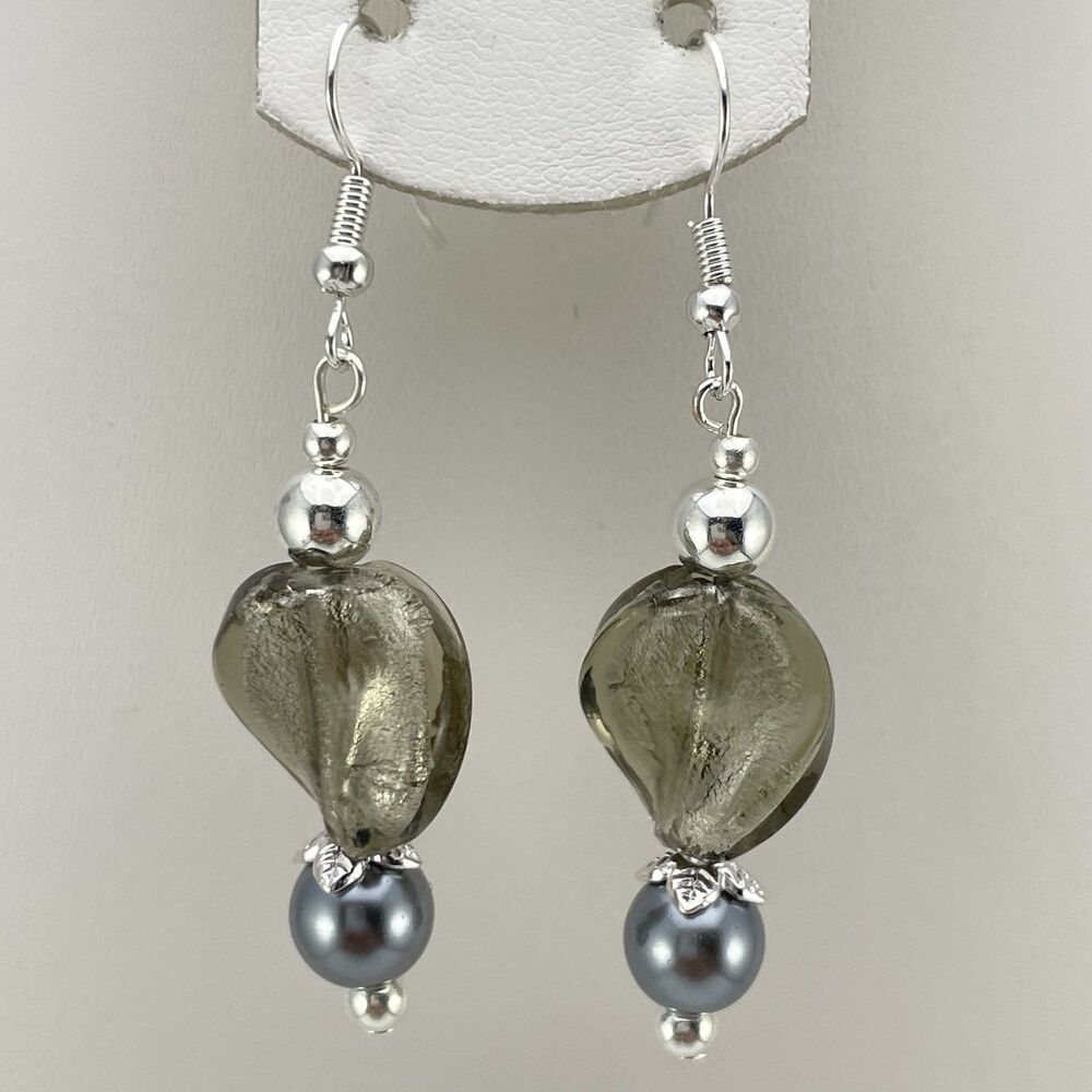 Vintage Gray Foil Glass Pearl Beaded Dangle Earrings Silver Tone Statement Boho